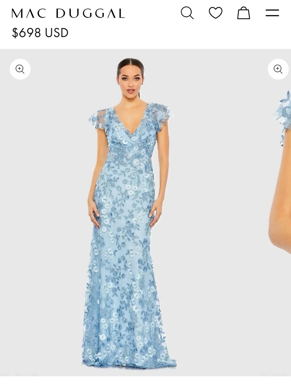 Mac Duggal blue floral lace dress.
